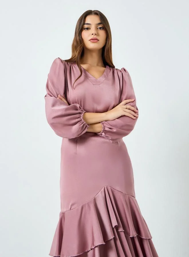 Styli Women Pink Satin Ruffled Hem Midi Dress